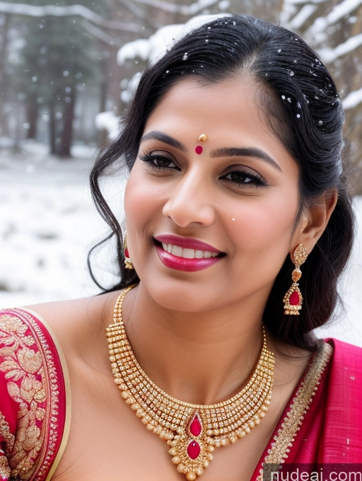 ai nude image of smiling woman in red sari with gold jewelry and red blouse pics of Woman Busty Huge Boobs Beautiful Lipstick Big Ass Fairer Skin 50s Happy Seductive Sexy Face Black Hair Indian Skin Detail (beta) Snow Close-up View Sari Wedding Gold Jewelry Jewelry Bright Lighting