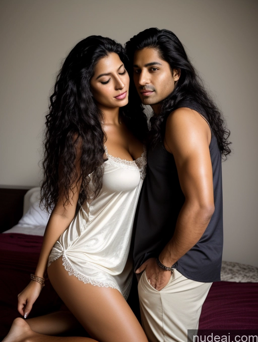 ai nude image of they are posing for a picture in a bedroom with a bed pics of Busty Perfect Boobs Beautiful Big Ass Perfect Body Long Legs 30s Seductive Sexy Face Black Hair Long Hair Indian Dark Fantasy Front View Simple Dark Lighting Nightgown Long Skirt Shirt Bedroom On Back Two Woman + Man