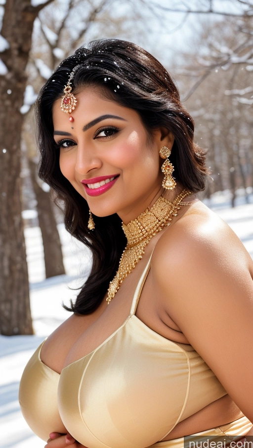 ai nude image of araffe woman in a gold dress posing for a picture pics of Woman Busty Huge Boobs Beautiful Lipstick Big Ass Fairer Skin 50s Happy Seductive Sexy Face Black Hair Indian Skin Detail (beta) Snow Close-up View Sari Wedding Transparent Jewelry Gold Jewelry Bright Lighting