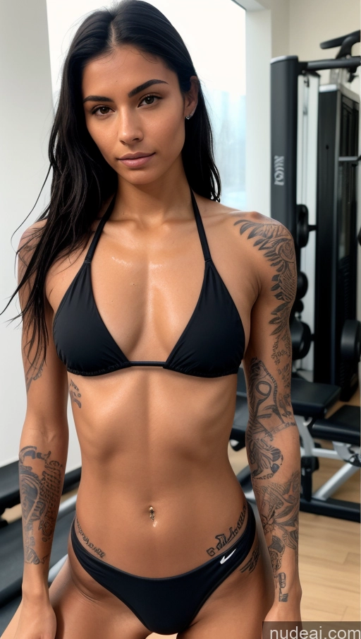 ai nude image of arafed woman in a black bikini posing in a gym pics of Athlete One Small Tits Sunglasses Tattoos Small Ass Skinny Oiled Body 18 Serious Black Hair Long Hair Italian Skin Detail (beta) Gym Yoga Bikini