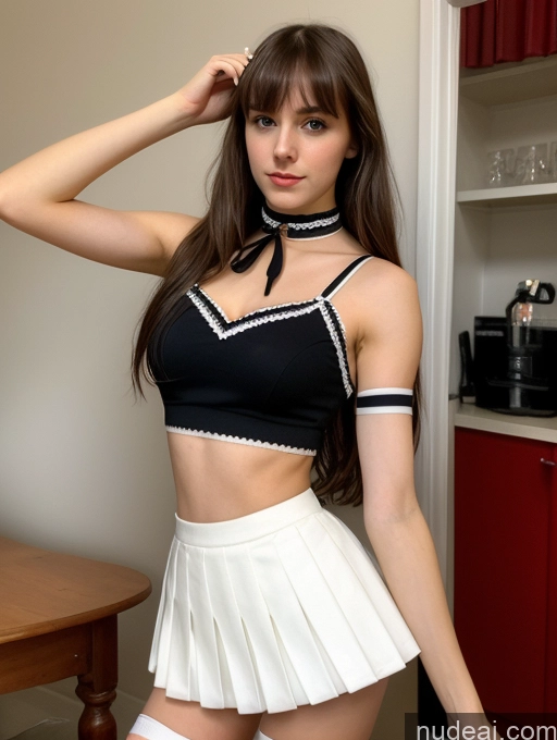 ai nude image of there is a woman in a skirt and a top posing for a picture pics of 18 Fairer Skin Skinny Small Ass Abs Beautiful Small Tits Choker Brunette Sorority Seductive School Uniform, Cleavage Cutout, Clothing Cutout, Pleated Skirt, Thighhighs French Bangs Party