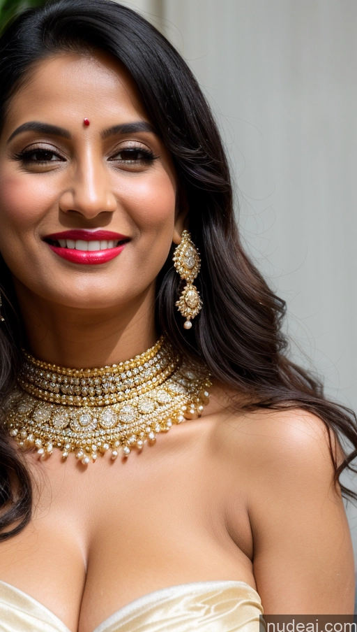 ai nude image of araffe woman in a gold dress with a necklace and earrings pics of Woman Busty Huge Boobs Beautiful Lipstick Big Ass Fairer Skin 50s Happy Seductive Sexy Face Black Hair Indian Skin Detail (beta) Snow Close-up View Sari Wedding Jewelry Gold Jewelry Bright Lighting Cleavage