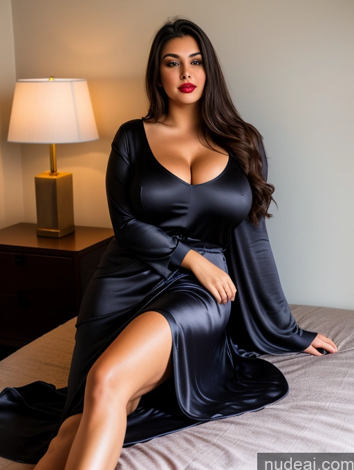 ai nude image of araffe woman in a black dress sitting on a bed pics of Several Perfect Boobs Beautiful Lipstick Big Ass Chubby Long Legs 30s Seductive Black Hair Indian Bedroom Front View On Back Long Skirt Dark Lighting Simple Woman Sweater Satin Nightgown