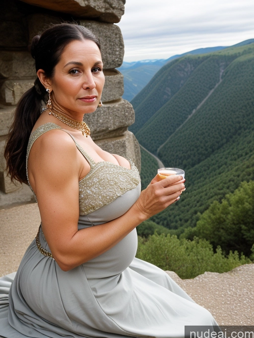 ai nude image of woman in a gray dress sitting on a ledge with a glass of wine pics of Milf Huge Boobs Skinny Short Pregnant Shocked Ponytail Mountains Dress Medieval Long Skirt Pearl Jewelry 50s Black Hair German