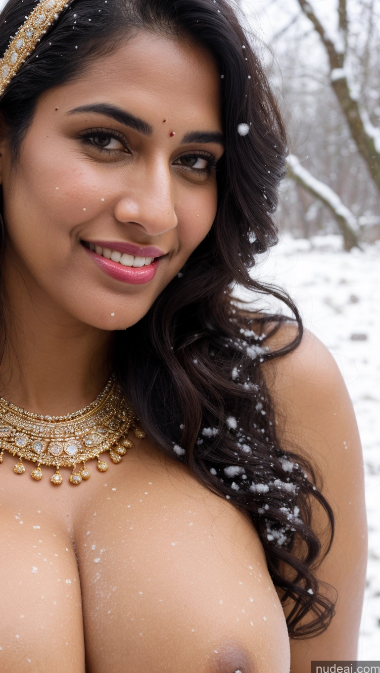 ai nude image of araffed woman with big breast posing in the snow pics of Woman Busty Huge Boobs Beautiful Lipstick Big Ass Fairer Skin 50s Happy Seductive Sexy Face Black Hair Indian Skin Detail (beta) Snow Sari Tribal Jewelry Gold Jewelry Bright Lighting Close-up View