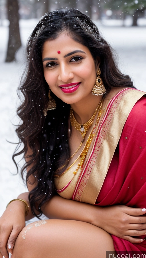 ai nude image of arafed woman in a red sari posing for a picture pics of Woman Busty Huge Boobs Beautiful Lipstick Big Ass Fairer Skin 50s Happy Seductive Sexy Face Black Hair Indian Skin Detail (beta) Snow Sari Tribal Jewelry Gold Jewelry Bright Lighting Close-up View