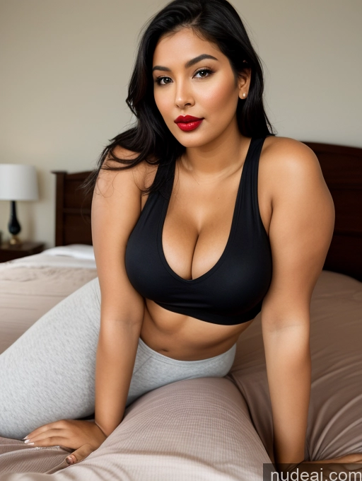 ai nude image of arafed woman in a black bra top and grey pants on a bed pics of Model One Perfect Boobs Beautiful Lipstick Big Ass Chubby Long Legs Perfect Body 30s Seductive Black Hair Long Hair Indian Bedroom Front View On Back Simple Tank Top