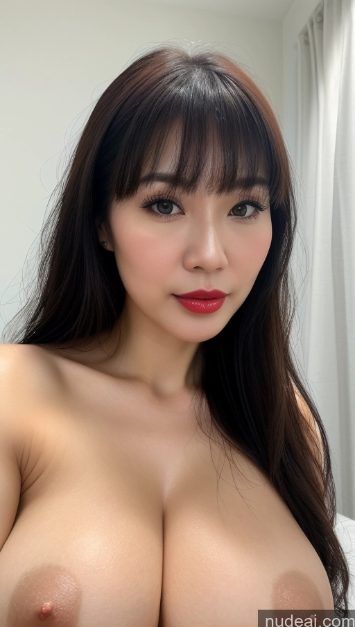 ai nude image of a close up of a woman with a big breast posing for a picture pics of Woman One Beautiful 30s Black Hair Close-up View Detailed Simple Huge Boobs Lipstick Fairer Skin Bangs Vietnamese