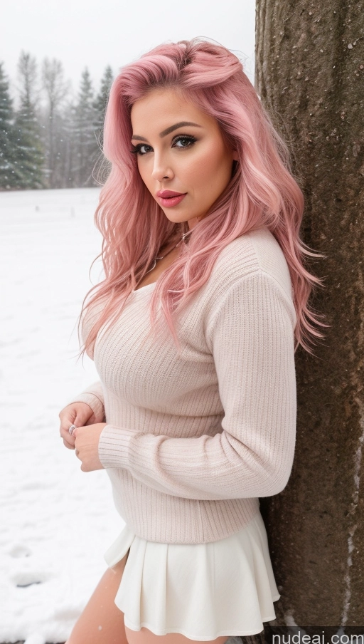 ai nude image of arafed woman with pink hair leaning against a tree in the snow pics of Busty Beautiful Big Ass 50s Messy Sexy Face Blouse Boots Mini Skirt Pouting Lips Seductive Thick Pink Hair Snow