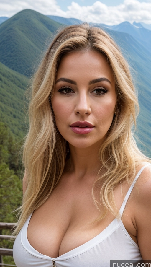 ai nude image of arafed woman with a white top and a mountain in the background pics of Busty Beautiful Big Ass Messy Sexy Face Pouting Lips Seductive Thick Mountains 60s Blonde Shirt