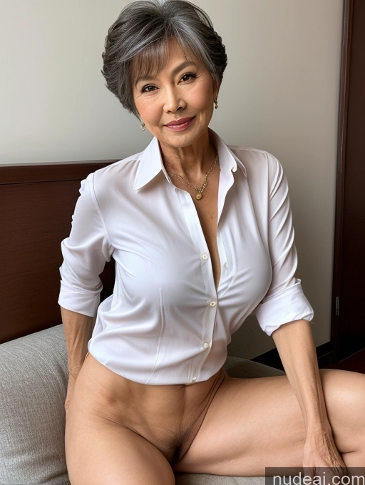 ai nude image of there is a woman sitting on a bed with a white shirt pics of Milf Perfect Boobs Perfect Body Pubic Hair 70s Pixie Chinese Spreading Legs Nude Blouse Casual Professor Shirt Stylish Suit Detailed