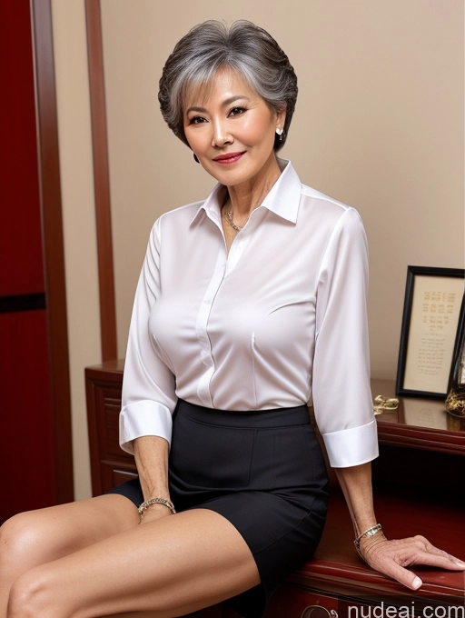 ai nude image of there is a woman sitting on a desk with a suitcase pics of Milf Perfect Boobs Perfect Body Pubic Hair 70s Pixie Chinese Spreading Legs Nude Blouse Casual Professor Shirt Stylish Suit Detailed