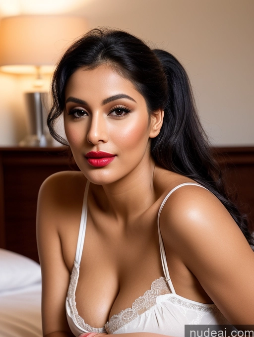 ai nude image of araffed woman in white bra top laying on bed with red lipstick pics of Perfect Boobs Beautiful Lipstick Big Ass Chubby Long Legs Perfect Body 30s Happy Seductive Sexy Face Pouting Lips Black Hair Ponytail Indian Traditional Simple Alternative Dark Lighting One Nightgown Shirt Bedroom On Back Model