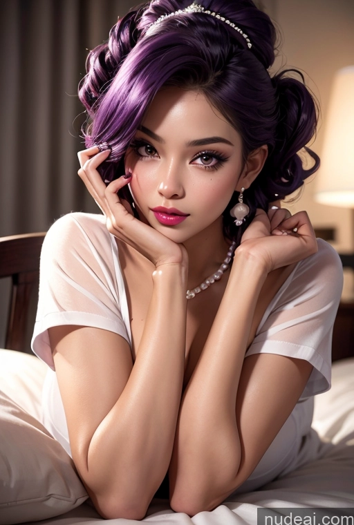 ai nude image of arafed woman with purple hair laying on a bed with a pearl necklace pics of Two Tanned Skin Dark Skin Happy Seductive Shocked Pouting Lips Sexy Face Purple Hair Nigerian Nurse Diamond Jewelry Pearl Jewelry Wine High Heels Boots