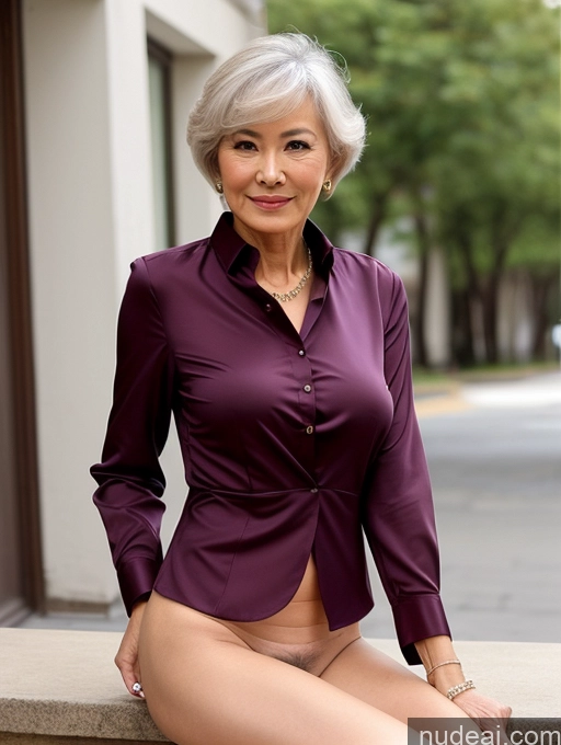 ai nude image of there is a woman sitting on a ledge wearing a purple shirt pics of Milf Perfect Boobs Perfect Body Pubic Hair 70s Pixie Chinese Spreading Legs Nude Blouse Casual Professor Shirt Stylish Suit Detailed