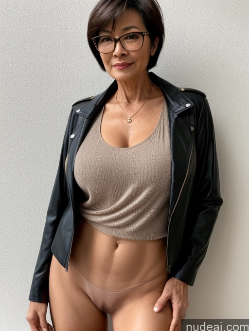 ai nude image of there is a woman in a black jacket and glasses posing for a picture pics of Milf Perfect Boobs Perfect Body Pubic Hair Beautiful Glasses 60s Sexy Face Chinese Nude Blouse Jacket Shirt Stylish Tank Top Cleavage Dark Lighting Detailed Casual Short Hair