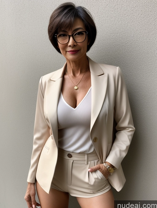 ai nude image of there is a woman in a short skirt and jacket posing for a picture pics of Milf Perfect Boobs Perfect Body Pubic Hair Beautiful Glasses Sexy Face Chinese Nude Blouse Jacket Shirt Stylish Cleavage Dark Lighting Detailed Casual Short Hair Suit 50s