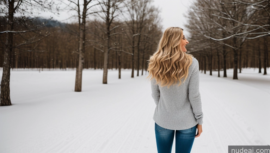 ai nude image of araffe woman walking in the snow in a park pics of Woman One Perfect Boobs Beautiful Perfect Body Tanned Skin 20s Blonde German Back View Snow Long Hair Casual Happy Serious