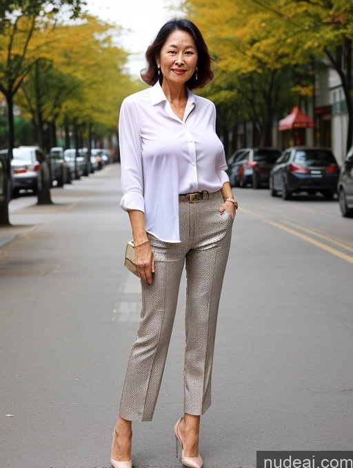 ai nude image of arafed woman in a white shirt and tan pants stands on a street pics of Milf Perfect Boobs Perfect Body Pubic Hair 70s Chinese Spreading Legs Nude Blouse Casual Professor Shirt Stylish Suit Detailed