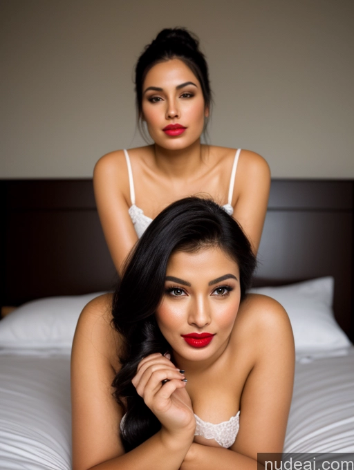 ai nude image of there are two women sitting on a bed with white sheets pics of Perfect Boobs Beautiful Lipstick Big Ass Chubby Long Legs Perfect Body 30s Happy Seductive Sexy Face Pouting Lips Black Hair Ponytail Indian Traditional Simple Alternative Dark Lighting One Nightgown Shirt Bedroom On Back Model