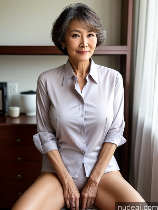 ai nude image of there is a woman sitting on a bed with a white shirt pics of Milf Perfect Boobs Perfect Body Pubic Hair 70s Pixie Chinese Spreading Legs Nude Blouse Casual Professor Shirt Stylish Suit Detailed