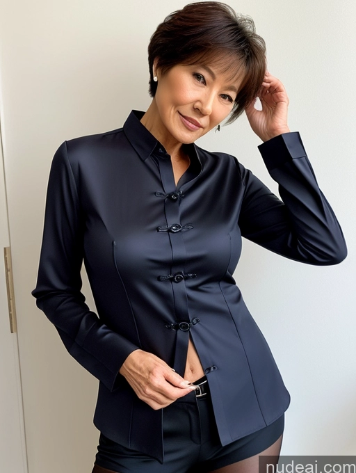 ai nude image of there is a woman in a black shirt and black shorts posing pics of Milf Perfect Boobs Perfect Body Pubic Hair 70s Pixie Chinese Spreading Legs Nude Blouse Casual Professor Shirt Stylish Suit Detailed