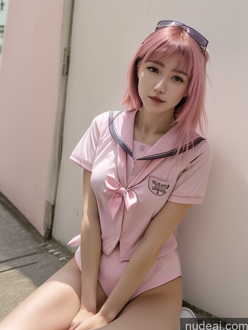 ai nude image of arafed asian woman in pink sailor suit sitting on the ground pics of 18 Pink Hair Straight Woman One Spread Pussy Front View JK Uniform Perfect Boobs