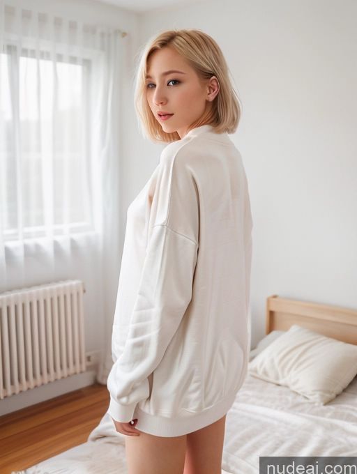 ai nude image of blond woman in white shirt and shorts standing on bed in bedroom pics of Woman One Short Fairer Skin Skinny 20s Seductive Blonde Bobcut White Film Photo Sexy Girl Licking Icecream (doll Changeable) Oversized Sweater/Hoodie Bedroom