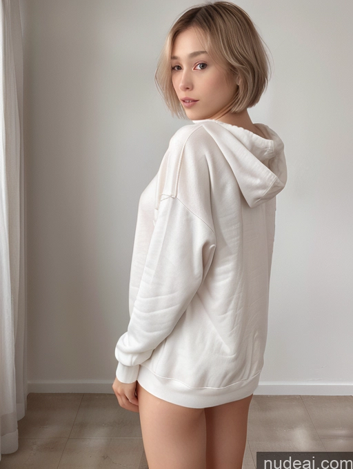 ai nude image of arafed woman in a white hoodie standing in front of a window pics of Woman One Short Fairer Skin Skinny 20s Seductive Blonde Bobcut Film Photo Oversized Sweater/Hoodie Bedroom Sexy Girl Licking Icecream (doll Changeable) Partially Nude Close-up View White