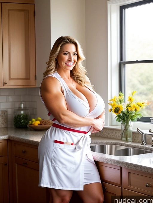 ai nude image of arafed woman in a white dress posing in a kitchen pics of Busty Huge Boobs Beautiful Muscular Big Ass Thick Chubby Happy Apron Bathrobe Bright Lighting British Slicked Blonde Cleavage 50s Bodybuilder