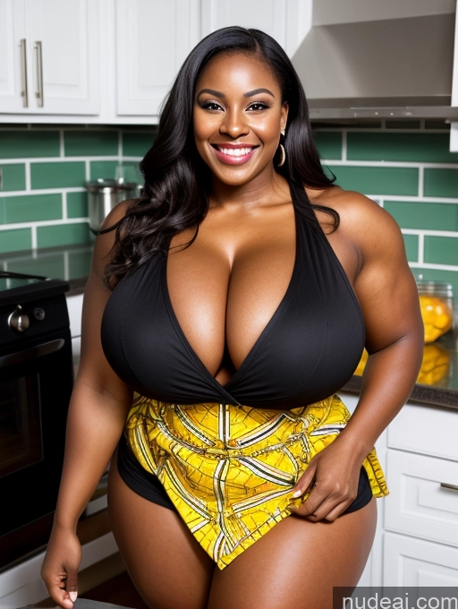 ai nude image of araffe woman in a black top and yellow skirt posing in a kitchen pics of Bodybuilder Busty Huge Boobs Beautiful Muscular Big Ass Thick Chubby 50s Happy Brunette Slicked Apron Bathrobe Bright Lighting Cleavage African Fat Glasses Abs