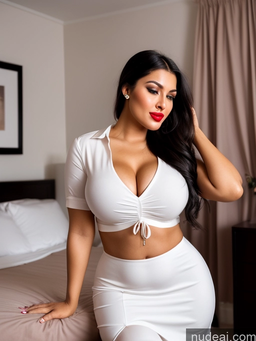 ai nude image of araffe woman in white dress posing on bed in bedroom pics of Woman One Perfect Boobs Beautiful Lipstick Big Ass Chubby Long Legs Perfect Body 30s Seductive Happy Pouting Lips Black Hair Ponytail Indian Bedroom Front View Long Skirt Shirt Dress Cleavage