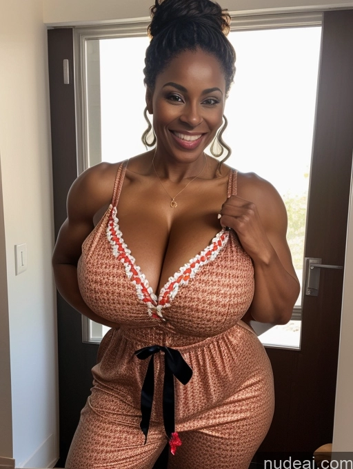 ai nude image of arafed woman in a pink top and pants posing for a picture pics of Woman Huge Boobs Muscular Big Ass 60s Laughing Brunette Slicked Cleavage Bright Lighting Dirndl African Pajamas Busty