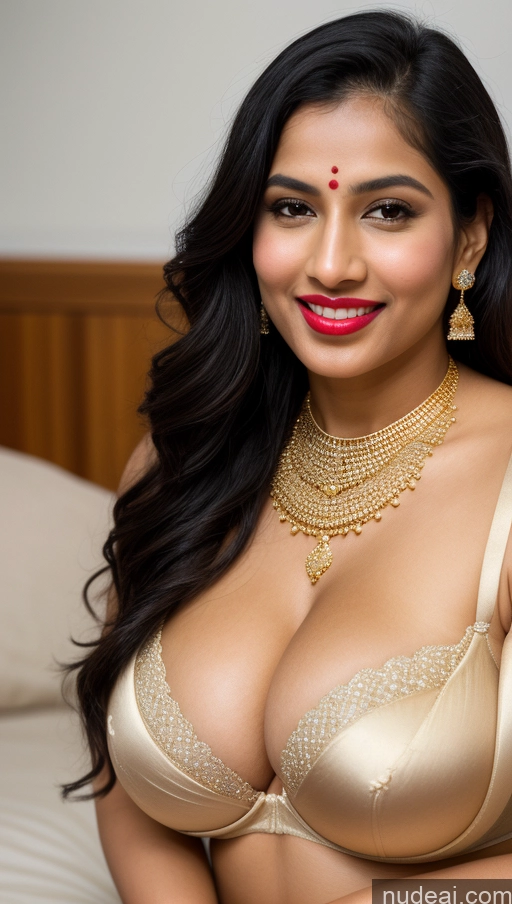 ai nude image of araffed woman in a gold bra and necklace posing on a bed pics of Woman Huge Boobs Beautiful Lipstick Big Ass Fairer Skin 50s Happy Seductive Sexy Face Black Hair Indian Skin Detail (beta) Snow Close-up View Push-up Bra Sari Traditional Jewelry Gold Jewelry Bright Lighting