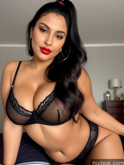 ai nude image of araffe woman in a black bra and panties sitting on a bed pics of One Perfect Boobs Beautiful Lipstick Big Ass Chubby Long Legs Perfect Body 30s Seductive Happy Pouting Lips Black Hair Ponytail Indian Bedroom Front View Shirt Cleavage Jeans Model