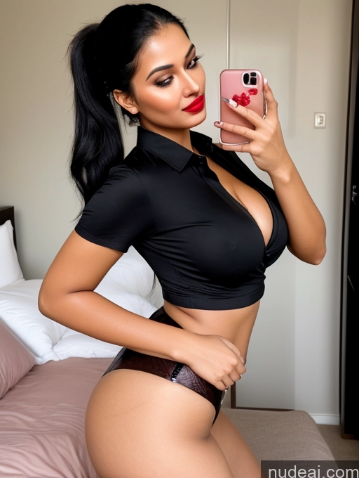 ai nude image of there is a woman that is taking a selfie in a black top pics of One Perfect Boobs Beautiful Lipstick Big Ass Chubby Long Legs Perfect Body 30s Seductive Happy Pouting Lips Black Hair Ponytail Indian Bedroom Front View Shirt Cleavage Jeans Model