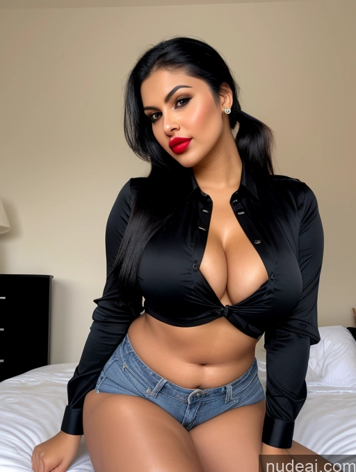 ai nude image of arafed woman in a black shirt and denim shorts sitting on a bed pics of One Perfect Boobs Beautiful Lipstick Big Ass Long Legs Perfect Body 30s Seductive Happy Pouting Lips Black Hair Ponytail Indian Bedroom Front View Shirt Jeans Model Thick Chubby