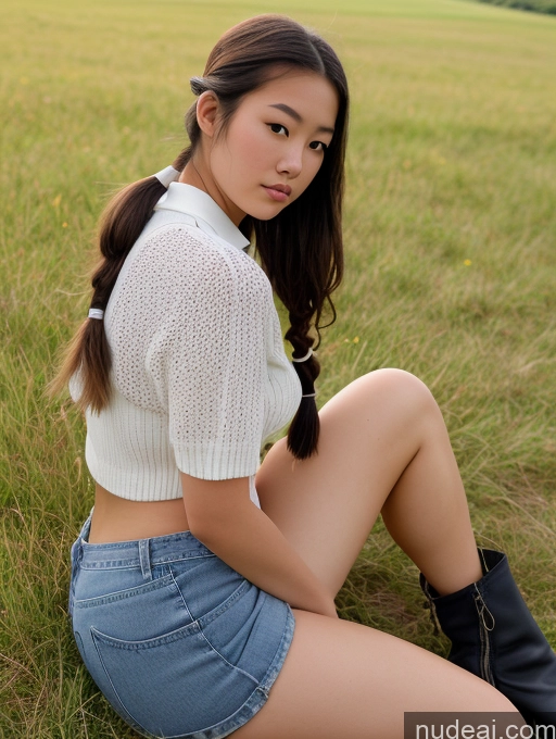 ai nude image of arafed asian woman sitting in a field of grass with a ponytail pics of Lingerie Model One Small Tits Beautiful Big Ass Small Ass Skinny Thick Chubby Fat Big Hips Long Legs Short Tall 18 Serious Pigtails Japanese Meadow Front View On Back Boots Polo Bright Lighting Jeans