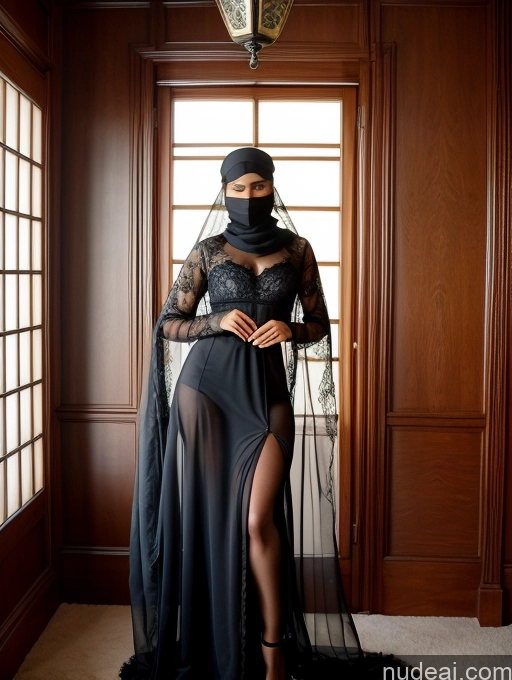 ai nude image of araffe wearing a black veil and a black dress standing in a room pics of Beautiful Perfect Body Pubic Hair Dark Skin Arabic Niqab Detailed Small Tits 20s Scarf Bedroom Dress Stockings Victorian Transparent Partially Nude