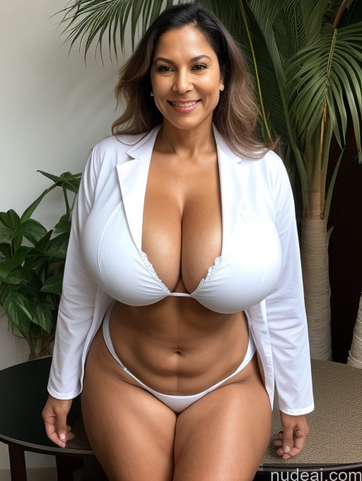 ai nude image of arafed woman in a white shirt and white panties posing for a picture pics of Milf One Busty Huge Boobs 70s Brazilian Front View Lab Coat Microkini Professor Thong Tanned Skin