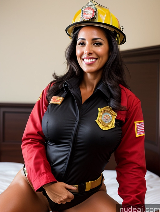 ai nude image of arafed woman in a firefighter uniform posing on a bed pics of Woman One Perfect Boobs Beautiful Tanned Skin Perfect Body Pubic Hair 30s Laughing Black Hair Long Hair Latina Bedroom Front View Straddling Firefighter