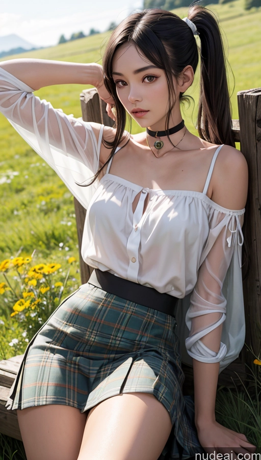 ai nude image of arafed asian woman sitting on a bench in a field pics of Lingerie Model One Small Tits Beautiful Small Ass Skinny Short Tall 18 Serious Pigtails Japanese Meadow Front View Blouse Kilt Mini Skirt Pantyhose Bright Lighting Transparent On Back Abs Choker