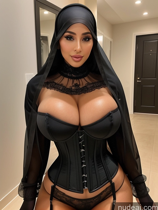 ai nude image of araffe dressed in a black corset and a black veil pics of Beautiful Perfect Body Dark Skin Detailed 20s Transparent Perfect Boobs Ponytail Huge Boobs Arabic Corset Niqab Bimbo