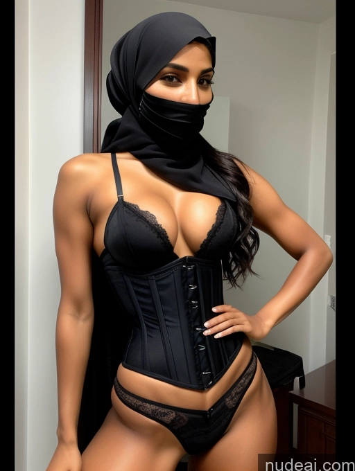 ai nude image of arafed woman in a black corset and a black scarf pics of Beautiful Perfect Body Dark Skin Detailed 20s Transparent Perfect Boobs Ponytail Arabic Corset Niqab Athlete