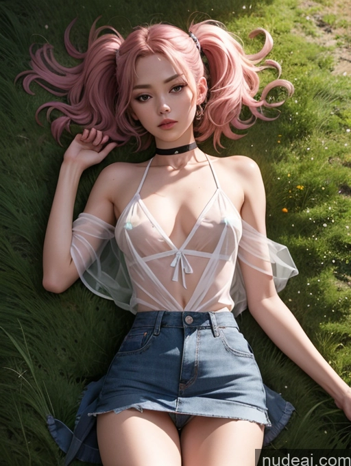 ai nude image of araffed woman laying on the grass in a sheered top pics of Lingerie Model One Small Tits Beautiful Small Ass Skinny Short Tall 18 Pigtails Japanese Meadow Front View On Back Blouse Choker Kilt Mini Skirt Partially Nude Transparent Pink Hair Dark Lighting