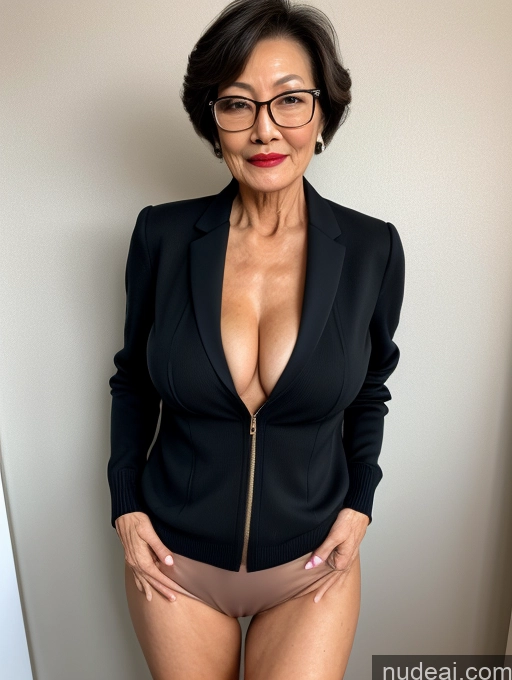 ai nude image of there is a woman in glasses and a black jacket posing pics of Beautiful Glasses Perfect Body Lipstick Sexy Face Pixie Chinese Bra Sweater Professor Secretary Suit Shirt Stylish High Heels Dark Lighting Detailed Topless 70s Milf Perfect Boobs Pubic Hair