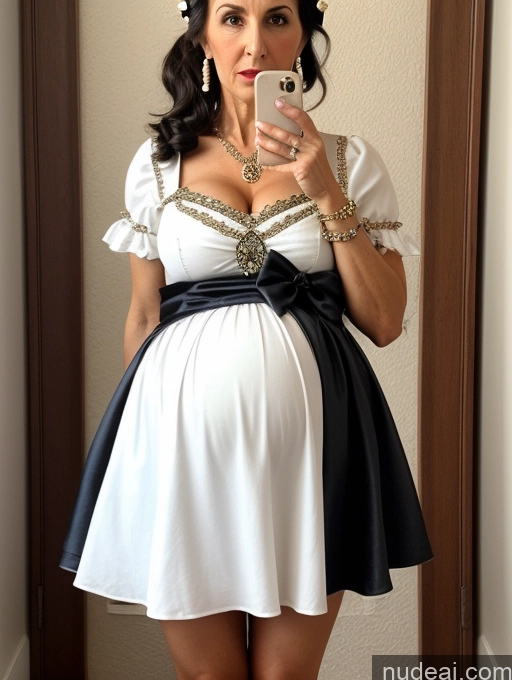 ai nude image of pregnant woman in white dress taking selfie in mirror with cell phone pics of Milf Lipstick Skinny Short Pregnant 50s Shocked Black Hair Ponytail Jewish Dress Medieval Mini Skirt Bows Pearl Jewelry