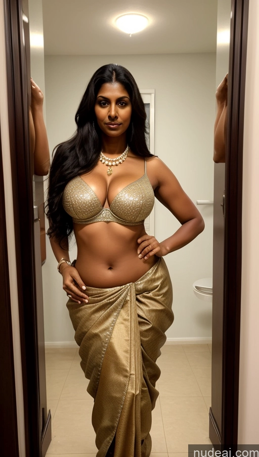 ai nude image of sexy indian woman in a gold sari posing for a picture pics of Busty Tall 50s Sexy Face Front View Milf Big Hips Long Hair Perfect Body T-pose Indian Sari Dark Skin Beautiful Perfect Boobs Seductive Pearl Jewelry Black Hair Changing Room