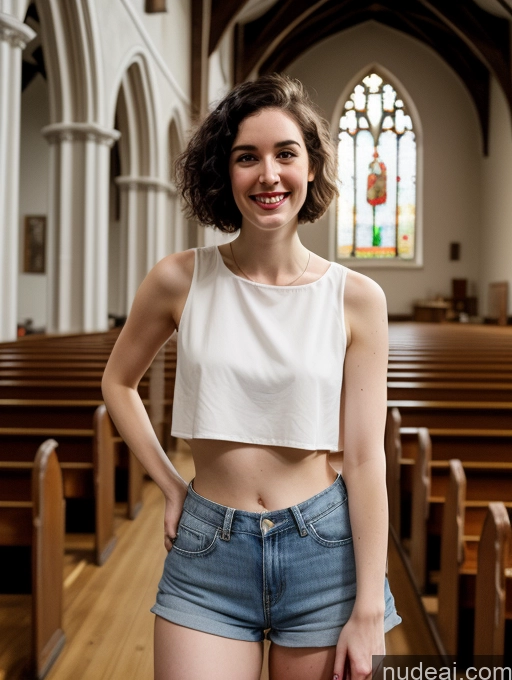 ai nude image of arafed woman in a white top and denim shorts standing in a church pics of Woman Fairer Skin Pubic Hair Small Tits Happy Church 20s Tall Pixie Black Hair White Crop Top Short Shorts