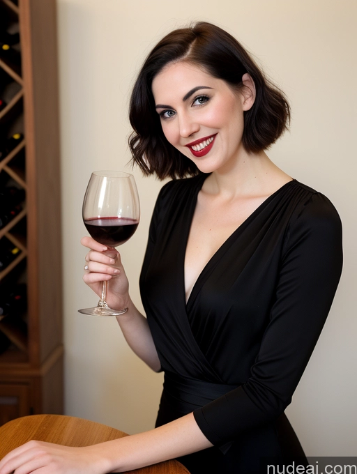 ai nude image of woman in black dress holding a glass of wine in front of a wine rack pics of Woman Fairer Skin Pubic Hair Small Tits Happy 20s Tall Pixie Black Hair White Wine Vampire